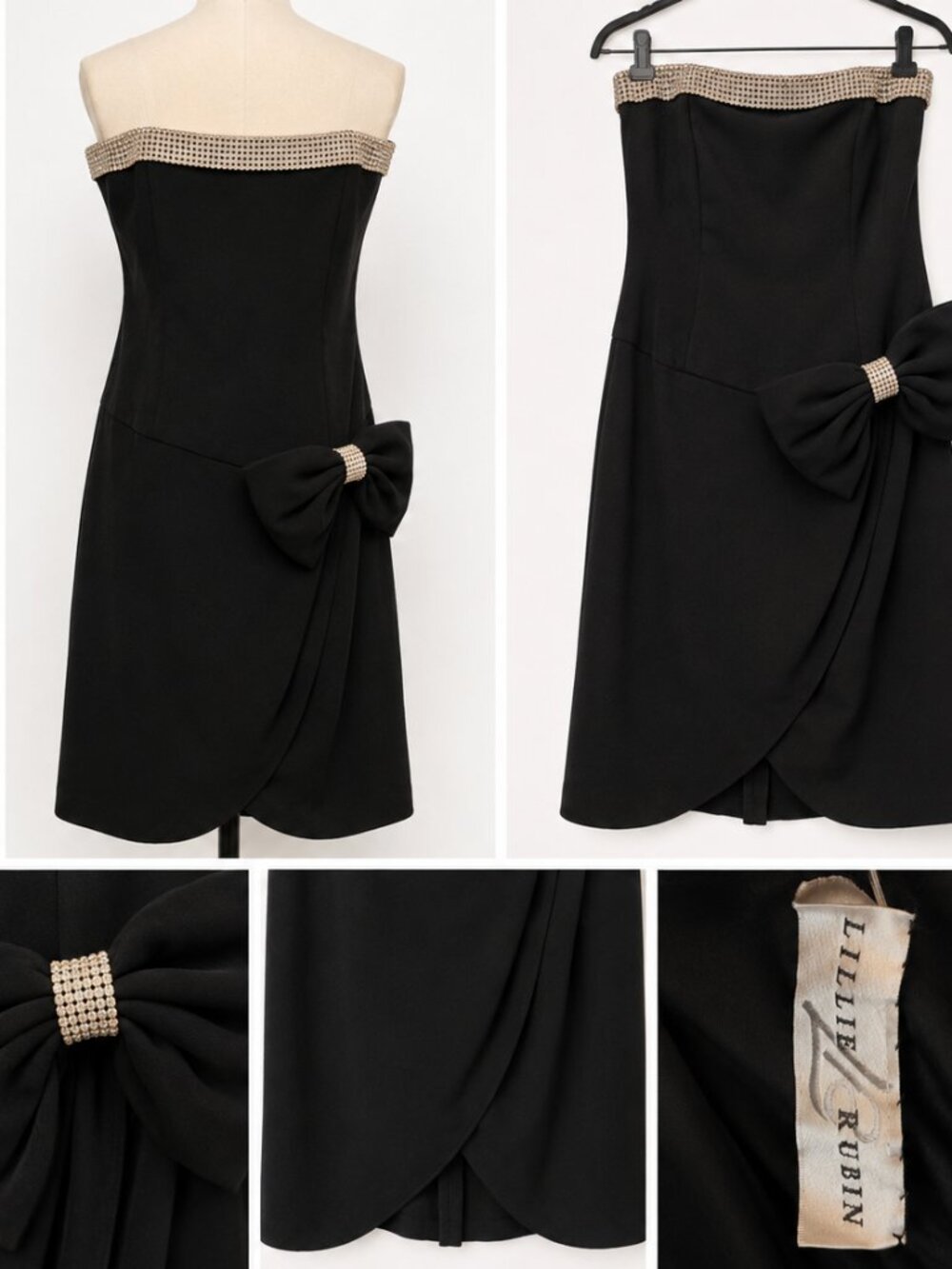 Vintage Lillie Rubin Strapless Cocktail Dress | Rhinestone Trim & Bow Detail